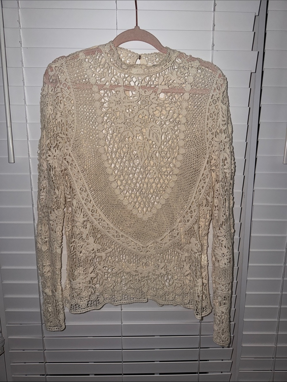 Ultra Pink Cream Crochet Lace Long Sleeve Top